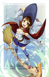  arm_up bare_shoulders blue_skirt boots breasts broom broom_riding broom_surfing brown_eyes brown_hair cape cleavage clothing_cutout cloud commentary_request cosplay detached_sleeves female full_body goomrrat hat kagari_atsuko little_witch_academia long_hair long_sleeves looking_at_viewer navel navel_cutout open_clothes open_mouth photoshop_(medium) pleated_skirt red_cape shiny_chariot shiny_chariot_(cosplay) shiny_clothes shiny_rod_(little_witch_academia) skirt small_breasts solo standing star-shaped_pupils star_(symbol) symbol-shaped_pupils thighhighs wand white_hat wide_sleeves witch witch_hat 