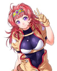  bad_id bad_pixiv_id bodysuit charlotte_hasting commentary_request earrings female gloves jewelry long_hair necklace onsoku_inu pink_hair purple_eyes simple_background smile solo super_robot_wars super_robot_wars_v v white_background 