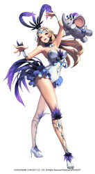  alternate_costume arm_up bare_shoulders breasts chaos_online commentary company_name copyright_name dancing detached_collar elephant feathers female full_body garitos high_heels highres large_breasts leotard light_brown_hair long_hair looking_at_viewer love_cacao official_art open_mouth photoshop_(medium) red_eyes simple_background solo white_background 