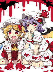  2girls :d all_fours bad_id bad_pixiv_id bat_wings blonde_hair blood blood_in_hair blood_on_face blood_on_hands blush bow flandre_scarlet flower hair_flower hair_ornament hat multiple_girls oerba_yun_fang open_mouth petals purple_hair red_eyes remilia_scarlet rose short_hair side_ponytail skirt skirt_set smile takezaka_tarou touhou wings wrist_cuffs 