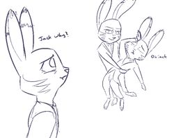  2017 anthro blue_and_white carrying_another clothed clothing cuckold dialogue disney ear_markings english_text facial_markings fainting group head_markings jack_savage lagomorph leporid male mammal markings monochrome purple_and_white rabbit simple_background text tggeko white_background zootopia 