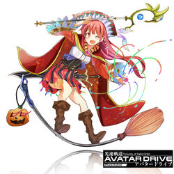  boots broom broom_riding cape commentary_request copyright_name female full_body heart jack-o&#039;-lantern kousoku_kidou_avatar_drive oerba_yun_fang okutomi_fumi one_eye_closed open_mouth orb photoshop_(medium) red_eyes red_hair reflection scepter skirt skirt_set solo spell sword watermark weapon white_background 