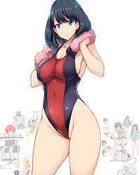  4girls 6+boys black_hair blue_eyes borr breasts character_request commentary_request covered_navel gridman_universe hassu hibiki_yuuta highres looking_at_viewer medium_breasts multiple_boys multiple_girls namiko one-piece_swimsuit samurai_calibur short_hair simple_background ssss.gridman standing swimsuit takarada_orie takarada_rikka towel towel_around_neck tsukasawa_takamatsu utsumi_shou vit white_background 