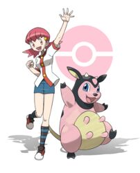  :3 :d arms_up bad_id bad_pixiv_id black_shirt blue_shorts bovine breasts buttons clenched_hand collarbone eyelashes female full_body hair_between_eyes hair_ornament highres horns kneehighs leg_up looking_at_viewer medium_breasts miltank official_style open_mouth pink_eyes pink_hair poke_ball pokemon pokemon_(creature) pokemon_hgss shadow shirt shoes short_hair short_sleeves short_twintails shorts simple_background smile socks standing standing_on_one_leg striped_clothes striped_socks tareme tellzeta tongue twintails udder undershirt v-neck white_background white_shirt whitney_(pokemon) 