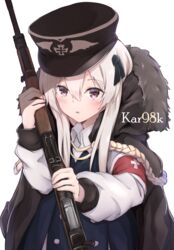  absurdres armband black_ribbon blue_jacket blush bolt_action brown_hat brown_jacket character_name collared_shirt commentary cross female fur-trimmed_jacket fur_trim girls&#039;_frontline gun hair_between_eyes hair_ribbon hand_up hat highres holding holding_gun holding_weapon iron_cross jacket jacket_on_shoulders kar98k_(girls&#039;_frontline) ky_(ky990533) long_hair long_sleeves looking_at_viewer mauser_98 military_hat name_connection object_namesake parted_lips peaked_cap red_eyes ribbon rifle shirt simple_background solo weapon white_background white_hair white_shirt 