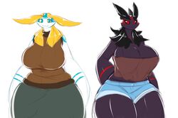  2016 aijou anthro averyshadydolphin big_breasts black_hair black_sclera blonde_hair blue_markings breasts cleavage clothed clothing dark_body dark_skin digital_media_(artwork) dragon duo eyebrows eyelashes female hair hand_on_hip huge_breasts jou long_hair looking_at_viewer markings mythological_creature mythological_scalie mythology red_eyes red_markings scalie simple_background smile thick_thighs white_background white_body white_skin yaojou yellow_eyes 