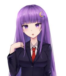  alternate_costume blunt_bangs blush breasts collared_shirt commentary cosplay crescent crescent_hair_ornament danraz0r english_commentary female hair_ornament long_hair looking_at_viewer medium_breasts necktie no_headwear open_mouth patchouli_knowledge purple_eyes purple_hair red_necktie reisen_udongein_inaba reisen_udongein_inaba_(cosplay) school_uniform shirt simple_background solo touhou upper_body very_long_hair white_background 