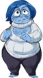  blue_body blue_eyes blue_hair blue_skin bodily_fluids breasts cleavage clothed clothing disney eyewear female feral glasses hair hi_res inside_out not_furry overweight overweight_female pixar sadness_(inside_out) simple_background solo sweater tears thick_thighs topwear unknown_artist white_background wide_hips 