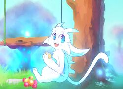  cute_fangs digital_media_(artwork) food guardian_spirit holding_food holding_object looking_back microsoft open_mouth ori_(ori) ori_(series) plant sitting smile solo swing tree whiteleo xbox_game_studios 