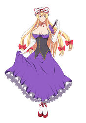  absurdres ankle_ribbon blonde_hair bow breasts choker cleavage commentary_request corset dress elbow_gloves female floral_print folded_fan folding_fan frilled_dress frills full_body gloves hair_between_eyes hairbow hand_fan hand_up hat hat_ribbon high_heels highres kyoukyan leg_ribbon long_hair looking_to_the_side medium_breasts mob_cap pantyhose purple_dress purple_eyes red_footwear ribbon ribbon_choker shiny_skin shoes short_sleeves simple_background skirt_hold smile solo tachi-e touhou white_background white_gloves white_pantyhose yakumo_yukari 