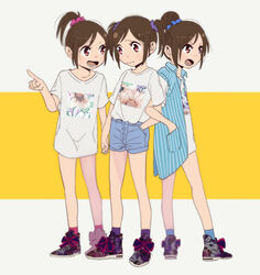  3girls :t bad_id bad_pixiv_id blue_scrunchie brown_eyes brown_hair con_potata floral_print hair_bun hair_ornament hair_scrunchie hand_in_pocket holding_hands locked_arms multiple_girls nishigoori_axel nishigoori_loop nishigoori_lutz open_mouth pink_scrunchie pointing ponytail print_footwear purple_scrunchie scrunchie shirt shoes shorts siblings single_hair_bun sisters smile sneakers t-shirt triplets twintails yuri!!!_on_ice 