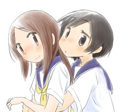  2girls black_eyes black_hair blue_sailor_collar blush brown_eyes brown_hair commentary_request hasegawa_fumi hug hug_from_behind long_hair looking_at_viewer multiple_girls okano_kei sailor_collar school_uniform serafuku short_hair smile uasi yuyushiki yuyushiki&#039;s_school_uniform 