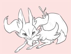  2016 all_fours ambiguous_gender braixen canid canine chest_tuft digital_media_(artwork) digitigrade feral feralized fluffy fluffy_tail fur generation_6_pokemon inner_ear_fluff line_art looking_at_viewer mammal monochrome nintendo pink_background pokemon pokemon_(species) simple_background solo stick tail tattanbu tuft twig wood 