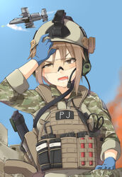  a-10_thunderbolt_ii aircraft airplane american_flag assault_rifle ayyh bad_id bad_pixiv_id brown_eyes brown_hair building camouflage day female fire firing from_below glasses gloves gun gun_sling hand_on_own_head headset helmet highres load_bearing_vest looking_down magazine_(weapon) military military_operator military_uniform oerba_yun_fang open_mouth original out_of_frame rifle sky smoke soldier solo_focus sweat tourniquet uniform united_states war weapon 