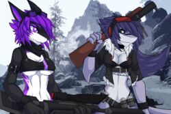  3:2 anthro black_hair black_sclera breasts cleavage clothed clothing crop_top cropped_jacket duo eyewear female fish goggles grenade_launcher gun hair hi_res m79 marine midriff navel non-mammal_breasts purple_eyes purple_hair ranged_weapon rifle shark shirt skimpy smile snow topwear under_boob weapon white_eyes xaenyth xaenyth_(character) 