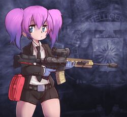  bad_link blue_eyes blue_gloves female formal gloves gradient_hair gun latex latex_gloves multicolored_hair necktie payday_(series) payday_2 pink_hair rifle shirt short_hair shorts sigishi suit thighs twintails weapon 