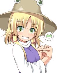  blonde_hair commentary_request female frog garasuita green_eyes grin hands_up hat long_hair long_sleeves looking_at_viewer moriya_suwako own_hands_together parted_bangs purple_vest shirt simple_background smile solo touhou turtleneck upper_body vest white_background white_shirt wide_sleeves 