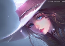  artist_name blue_eyes brown_hair choker commentary dated english_commentary hat highres lips long_hair looking_at_viewer mars_foong nose original portrait simple_background solo 