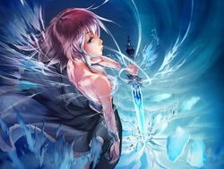  bare_back blue_eyes commentary_request dress female highres ice original photoshop_(medium) purple_hair short_hair solo sword takanori_yamada weapon 