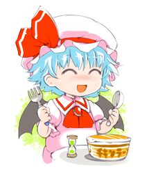  :d aged_down bat_wings blue_eyes blue_hair brooch closed_eyes commentary_request cup_ramen dress female food fork happy hat hat_ribbon hourglass ichizen_(o_tori) jewelry md5_mismatch mob_cap nissin_chicken_ramen open_mouth pink_dress remilia_scarlet ribbon smile solo spoon touhou wings 