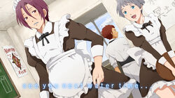  3boys alternate_costume bad_id bad_pixiv_id blue_eyes blush crossdressing english_text enmaided free! grey_hair maid maid_cafe maid_headdress male_focus matsuoka_rin mikoshiba_seijuurou mole mole_under_eye multiple_boys nitori_aiichirou open_mouth red_eyes red_hair ribbon sharp_teeth smile sweat teeth tsumimi_(hit0x0me) waiter 