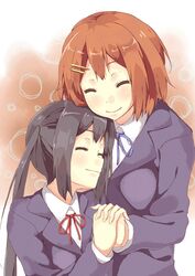  2girls black_hair brown_hair commentary_request highres hirasawa_yui holding_hands interlocked_fingers k-on! long_hair multiple_girls nakano_azusa ponishi. sakuragaoka_high_school_uniform school_uniform short_hair twintails yuri 