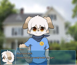  anthro canid canine canis clothing dating_sim dialogue domestic_dog english_text front_view gui hand_on_hip husky looking_at_viewer male mammal nordic_sled_dog ruu_(husky) shirt smile solo spitz text topwear whiteleo young young_anthro young_male 