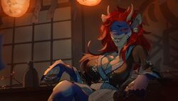  2017 alcohol anthro asian_clothing beverage big_breasts blue_body blue_skin bowl breasts cjk_character cleavage clothed clothing container ear_piercing east_asian_clothing female fish hair horn inside irdeorum japanese japanese_clothing kasumi_(nayami) kimono lamp lantern looking_at_viewer marine piercing red_eyes red_hair sake shark sitting smile solo teeth window 