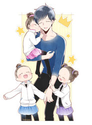  1boy 3girls ^_^ artist_name bad_id bad_pixiv_id black_hair black_legwear blue_scrunchie brown_hair carrying closed_eyes crown hair_bun hair_ornament hair_scrunchie jacket katsuki_yuuri multiple_girls nishigoori_axel nishigoori_loop nishigoori_lutz open_mouth pantyhose pink_scrunchie ponytail purple_scrunchie scrunchie single_hair_bun skirt smile star_(symbol) takezaki_(artist) track_jacket twintails yuri!!!_on_ice 