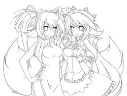  2girls ahoge bad_id bad_pixiv_id breasts china_dress chinese_clothes dress fox_tail gothic_lolita greyscale highres line_art lolita_fashion long_hair looking_at_viewer maid medium_breasts monochrome multiple_girls open_mouth original ribbon smile syno tail twintails 