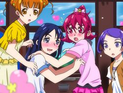  4girls :d ^^^ ai-chan_(dokidoki!_precure) aida_mana blue_eyes blue_hair blurry blush bow commentary_request depth_of_field dokidoki!_precure double_bun drooling eyelashes female_pervert hair_bun half_updo hand_on_another&#039;s_shoulder heart heart_hair_bun hishikawa_rikka karuta_(karuta01) kenzaki_makoto long_hair molestation multiple_girls open_mouth orange_eyes orange_hair pervert pink_bow pink_eyes pink_hair pink_shirt precure purple_eyes purple_hair shirt short_hair smile train_interior window yotsuba_alice yuri 