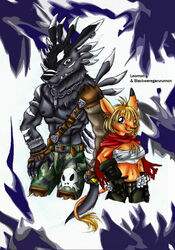  2011 anthro bandage bandai_namco belt black_body black_fur black_nipples blonde_hair bone bottomwear breasts brown_body brown_fur canid canine cape chains claws clothed clothing collar digimon digimon_(species) duo ear_piercing english_text felid female fur gloves grey_body grey_fur hair handwear leomon_x lion male mammal muscular navel nipples pantherine pants piercing shadowweregarurumon size_difference skull spikes text tigerlilylucky topless weregarurumon white_body white_fur x-digimon 