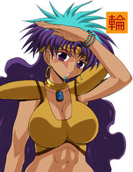  abs aqua_hair bishoujo_senshi_sailor_moon bishoujo_senshi_sailor_moon_r bracelet breasts cleavage commentary_request curly_hair dark-skinned_female dark_skin facial_tattoo female gem gorigori222 headband jewelry long_hair midriff multicolored_hair open_mouth purple_eyes purple_hair solo star_(symbol) tattoo two-tone_hair udering white_background 