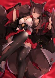  akagi_(azur_lane) animal_ears armpits azur_lane black_gloves black_thighhighs breasts brown_hair cleavage commentary_request female fox_ears fox_tail gloves grin highres large_breasts long_hair lying multiple_tails on_back pirapirapirapira pleated_skirt red_eyes skirt smile solo tail thighhighs wide_sleeves 