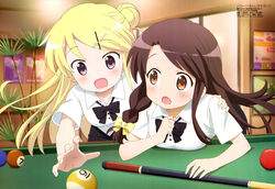  2girls absurdres ball billiard_ball billiards blonde_hair braid brown_eyes brown_hair cue_stick hair_ornament hairclip hand_on_another&#039;s_shoulder highres kin-iro_mosaic kujou_karen matsubara_honoka megami_magazine mimata_hiroshi multiple_girls non-web_source official_art open_mouth pool_table side_braid table x_hair_ornament yuri 