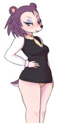  absurd_res animal_crossing anthro bedroom_eyes black_nose breasts clothed clothing eulipotyphlan eyeshadow female hair half-closed_eyes hand_on_belly hedgehog hi_res label_able looking_at_viewer makeup mammal narrowed_eyes nintendo panties portrait purple_eyes purple_hair rainbowsprinklesart scarf seductive shirt simple_background solo standing three-quarter_portrait topwear underwear white_background wide_hips 