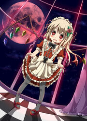  alternate_costume apron blonde_hair blush bow checkered_floor commentary_request curtains dress dutch_angle enmaided female fisheye flandre_scarlet flower footwear_bow full_moon grey_pantyhose hair_flower hair_ornament huge_moon kazura long_hair looking_at_viewer maid maid_headdress moon open_mouth pantyhose pigeon-toed red_eyes red_flower red_moon red_rose red_skirt rose skirt skirt_hold sky smile solo star_(sky) starry_sky tile_floor tiles touhou window wings 