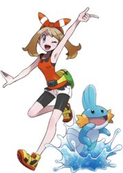  ariga_hitoshi bike_shorts brown_hair female full_body hair_ribbon highres may_(pokemon) mudkip one_eye_closed open_mouth pokemon pokemon_(creature) pokemon_oras ribbon shirt short_hair shorts sleeveless sleeveless_shirt smile transparent_background 