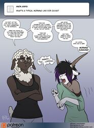  2015 antelope anthro ask_blog bangs black_hair black_nails bovid breasts brown_eyes caprine cleavage clothed clothing colored_nails conditional_dnp dark_body dark_skin dialogue dialogue_box digital_media_(artwork) dipstick_ears domestic_sheep duo ear_markings english_text female fur gabby_(kadath) gemsbok grazing_antelope grey_body grey_fur hair hair_between_eyes hair_over_eyes horn humor kadath mammal messy_hair multicolored_ears nails olivia_(kadath) open_mouth oryx patreon patreon_logo patreon_username piercing profanity purple_hair sheep speech_bubble text tired tongue tongue_piercing url website_logo white_body white_fur wool_(fur) 