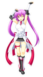  armpits arms_up bare_shoulders beatmania_iidx belt boots elbow_gloves female fingerless_gloves frills gloves highres kinoshita_ichi knee_boots long_hair looking_at_viewer miniskirt mizushiro_celica one_eye_closed open_mouth pleated_skirt purple_eyes purple_hair ribbon shirt skirt sleeveless smile solo twintails white_background 