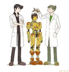  a106 animal animal_on_head atom:_the_beginning banned_artist big_nose black_hair brown_hair closed_labcoat crossed_arms dated f14 feline full_body hand_in_pocket kumaori_jun labcoat multiple_boys ochanomizu_hiroshi on_head pointy_hair robot short_hair tenma_umatarou tetsuwan_atom 