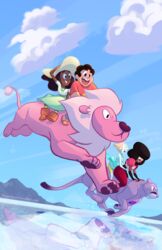  1boy 3girls amethyst_(steven_universe) commentary_request connie_maheswaran garnet_(steven_universe) lion lion_(steven_universe) multiple_girls outdoors pearl_(steven_universe) rhandi_mask riding steven_quartz_universe steven_universe 