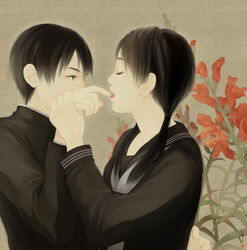  1boy black_hair brown_eyes closed_eyes commentary_request female finger_in_another&#039;s_mouth flower gladiolus hand_grab holding_hands long_hair looking_at_another original parody plant re:i red_flower saliva saliva_trail school_uniform short_twintails signature style_parody tan_background twintails 