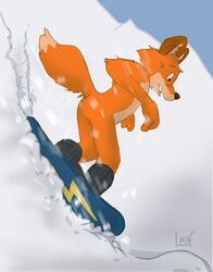  anthro ass boots brown_body brown_fur canid canine closet_coon clothed clothing colin_young compression_artifacts countershading day dipstick_tail footwear fox fur leafdog male mammal markings mostly_nude multicolored_tail nude nude_snowboarding open_mouth orange_body orange_fur outside partially_clothed side_view simple_background sky snow snowboard snowboarding solo standing tail tail_markings toony 