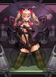  adapted_costume alternate_eye_color animal_ears argyle_clothes argyle_legwear babydoll bad_id bad_pixiv_id black_bra black_cat_d.va black_dress black_gloves black_panties black_thighhighs blcat4444 blonde_hair bow bra breasts cat_cutout cat_ear_panties cat_ears cat_lingerie cat_o&#039;_nine_tails checkered_clothes checkered_legwear choker cleavage cleavage_cutout clothing_cutout commentary_request contrapposto controller d.va_(overwatch) dress eyeliner female frilled_bra frills full_body gloves heart highres holding holding_whip joystick kneeling large_breasts light_smile lips lolita_fashion long_sleeves looking_at_viewer makeup mecha medium_hair meka_(overwatch) meme_attire navel official_alternate_costume overwatch overwatch_1 panties photoshop_(medium) pink_bow pink_lips puffy_sleeves purple_eyes robot seductive_smile smile solo thighhighs twintails underwear whip 