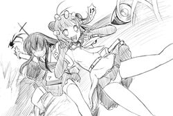  2girls akagi_(kancolle) bullet commentary_request double_v elbow_gloves evil_grin evil_smile gloves gochou_(kedama) greyscale grin head_grab imminent_hit kantai_collection long_hair monochrome multiple_girls muneate naka_(kancolle) no_eyes panties partially_fingerless_gloves shaded_face smile surprised tenryuu_(kancolle) thighhighs throwing underwear v yugake 