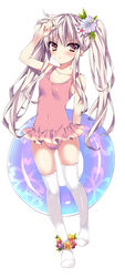  anapom arm_up bad_id bad_pixiv_id bare_shoulders collarbone covered_navel female flower flower_anklet flower_bracelet frilled_one-piece_swimsuit frills full_body hair_flower hair_ornament hibiscus innertube long_hair no_shoes one-piece_swimsuit original photoshop_(medium) pink_eyes pink_hair pink_one-piece_swimsuit shiny_skin solo swim_ring swimsuit thighhighs twintails white_background white_thighhighs 