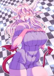  abstract_background amakuchi anthro big_breasts blush breasts butt_wings canid canine closed_eyes clothed clothing curvy_figure demon fangs female fur hair happy hi_res horn hybrid koumori_manami_(amakuchi) long_hair mammal membrane_(anatomy) membranous_wings nipple_outline pink_body pink_fur pink_hair smile solo spade_tail standing sweater tail teeth thick_thighs tight_clothing topwear voluptuous wide_hips wings 