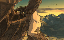  1boy bad_id bad_pixiv_id brown_hair elona facing_away harusame_(rueken) long_hair male_focus mountain muscular opatos_of_earth rock solo topless_male wings 