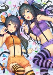  2girls aimori_meguru animal_ears bare_shoulders bed_sheet black_hair bloomers blue_eyes blush breasts candy cat_ears cat_girl cat_tail claw_pose commentary_request fingernails food frills fur_collar halloween hand_up highres lace lace-trimmed_legwear lace_trim lollipop long_hair looking_at_viewer lying midriff multiple_girls nail_polish navel oerba_yun_fang on_back open_mouth orange_bloomers orange_nails original partial_commentary purple_bloomers purple_nails red_eyes small_breasts star_(symbol) striped_clothes striped_thighhighs suspenders swirl_lollipop tail thighhighs underwear very_long_hair 